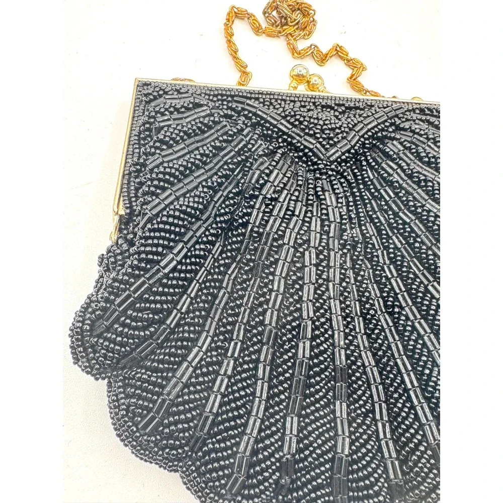 Walborg Vintage Black Beaded Shell Clutch Evening Bag Gold Chain Strap Hong Kong